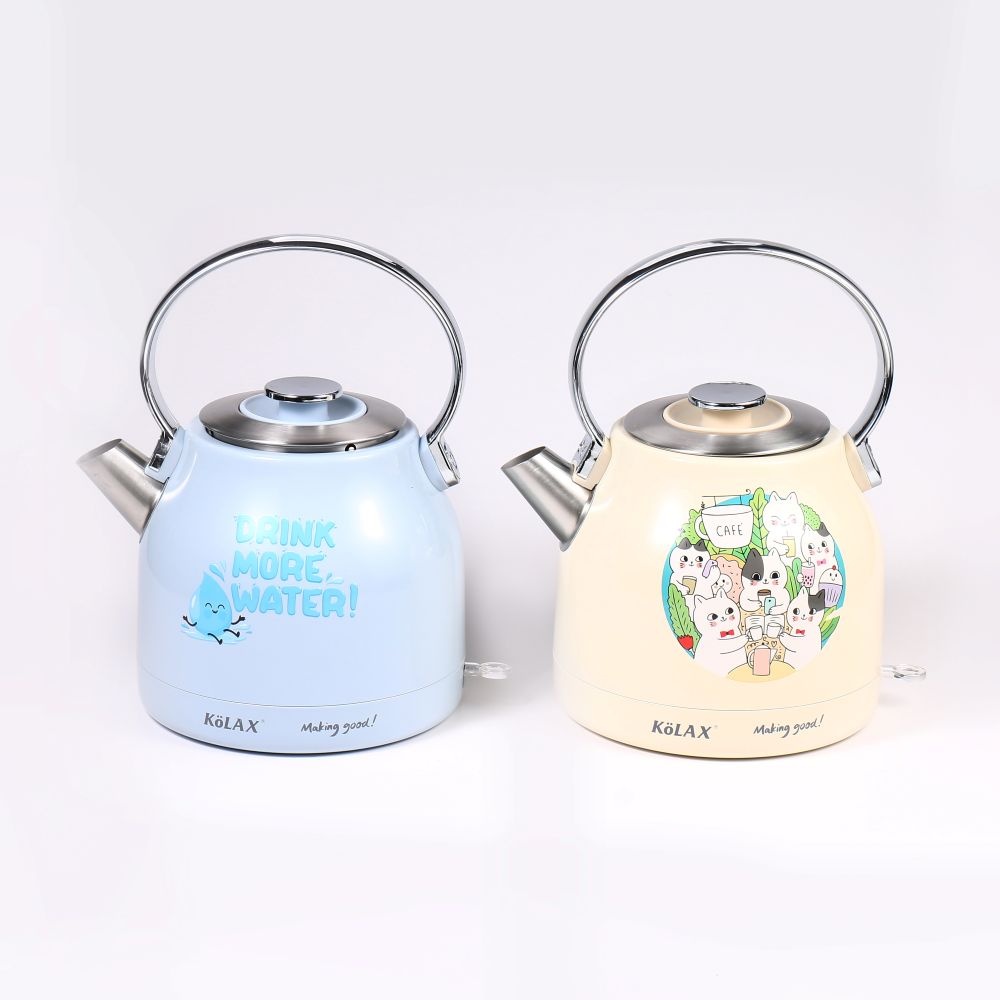 KOLAX Retro Electric Kettle - 304 Stainless Steel and Strix Thermostat, Fast Boiling and Auto Shut-off - 1.8L Capacity, Yellow and Blue