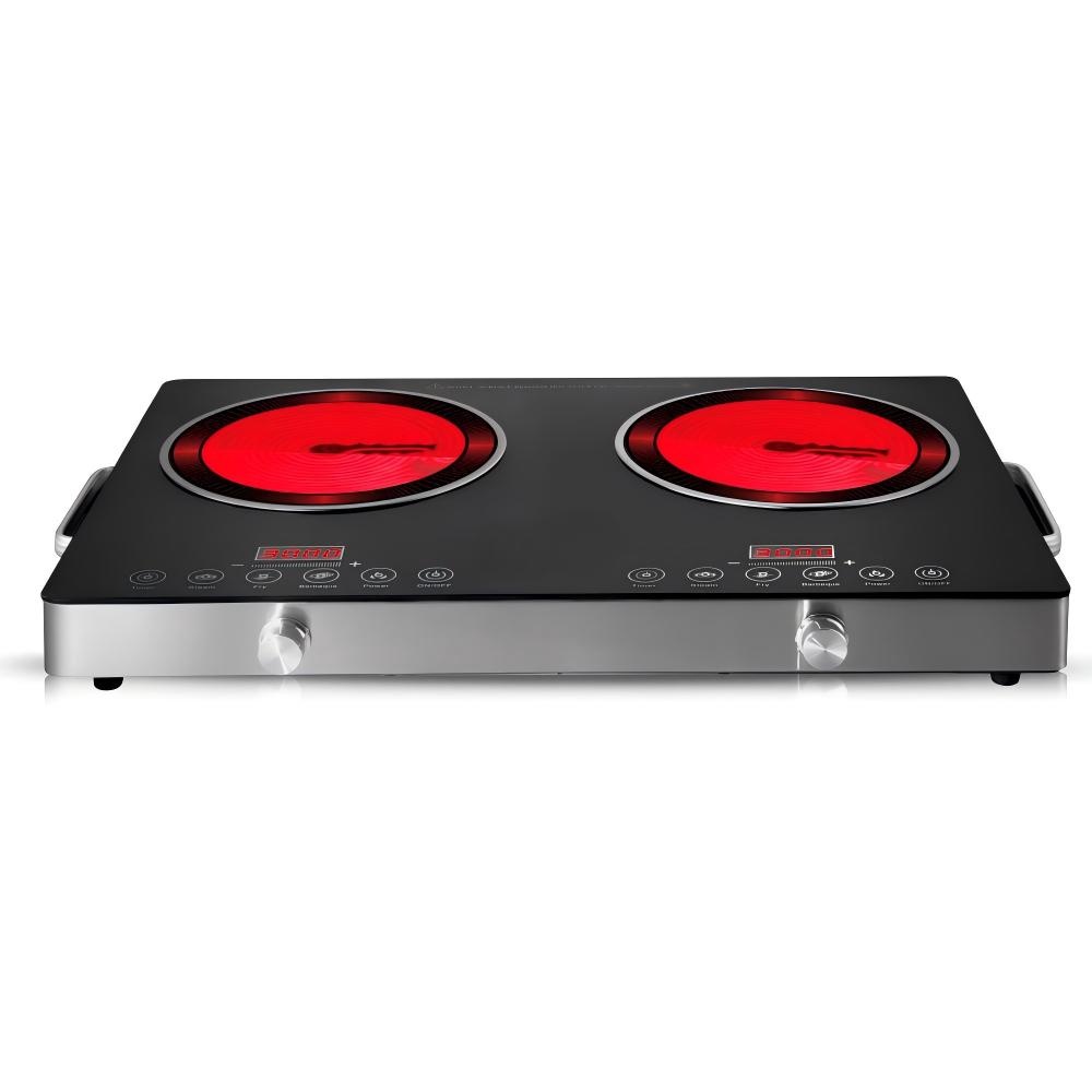 2200W+2200W Double Ceramic Electric Hot Plate Countertop Stove Double Burner Infrared Cooktop with 11 Power Levels 0-2H Timer Portable Handle LED Display for Kitchen Camping (Black)