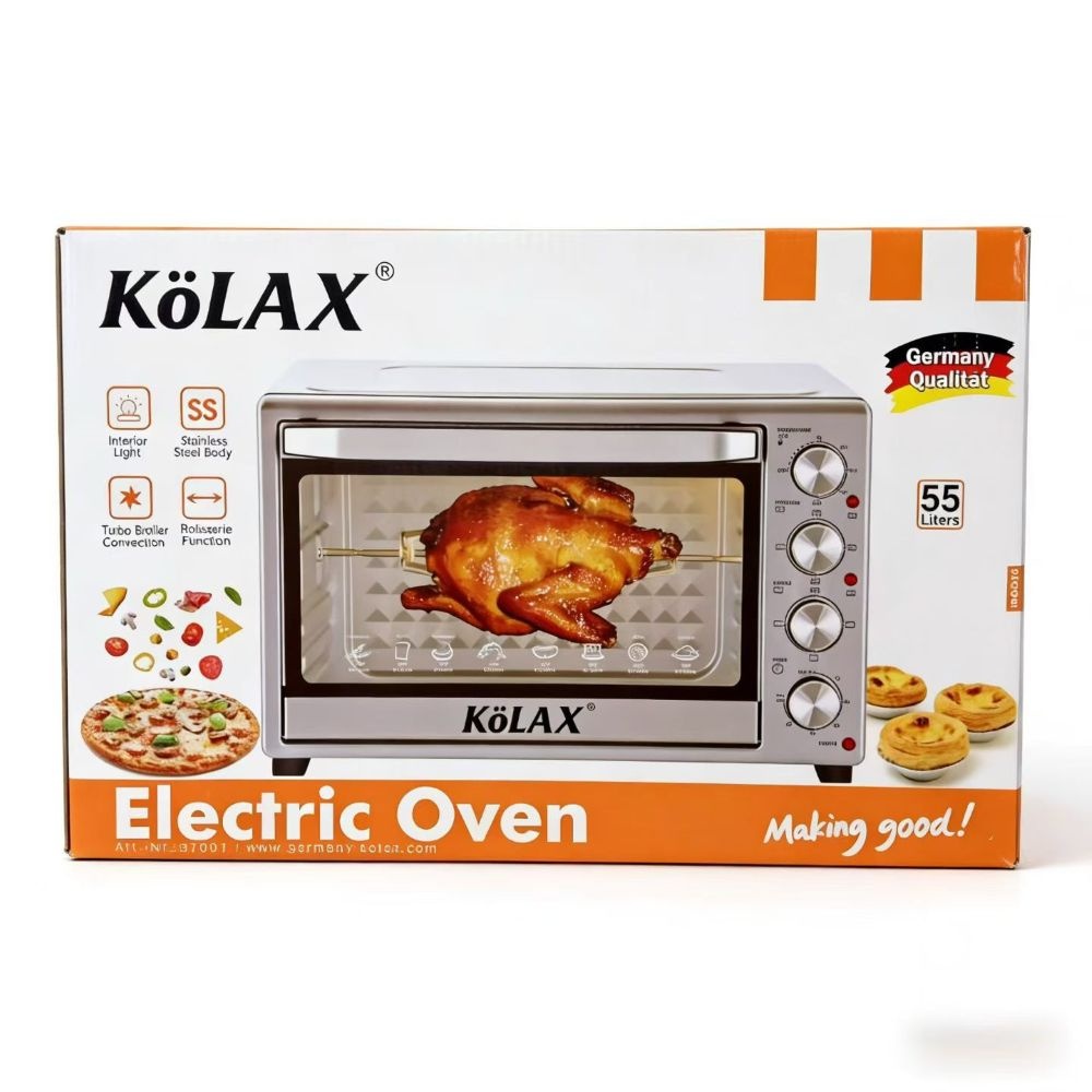 KOLAX Oven 55L, Convection Oven 4-Control Knobs, Bake Broil Toast Rotisserie Keep Warm, Includes Pizza Racks, Stainless Steel
