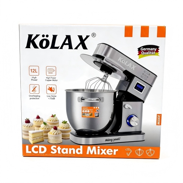 KOLAX LCD Stand Mixer, 12L Extra Large Capacity, 2600W Pure Copper Motor, 6 Speeds with Pulse Function, Operating Noise ≤75dB. Electric vertical mixer for household and commercial use with 12L stainless steel bowl, dough hook, whisk and beater.