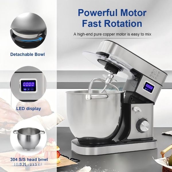 KOLAX LCD Stand Mixer, 12L Extra Large Capacity, 2600W Pure Copper Motor, 6 Speeds with Pulse Function, Operating Noise ≤75dB. Electric vertical mixer for household and commercial use with 12L stainless steel bowl, dough hook, whisk and beater.