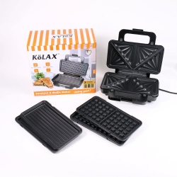 KOLAX 3 in 1 Sandwich Maker Indoor Waffle Maker Irons with 6 Slice Non-Stick Removable Plates for Easy Cleanup,Perfect for Cooking Grilled Cheese,Tuna Melts,Burgers and Steaks,900W Black/Silver