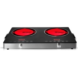 2200W+2200W Double Ceramic Electric Hot Plate Countertop Stove Double Burner Infrared Cooktop with 11 Power Levels 0-2H Timer Portable Handle LED Display for Kitchen Camping (Black)